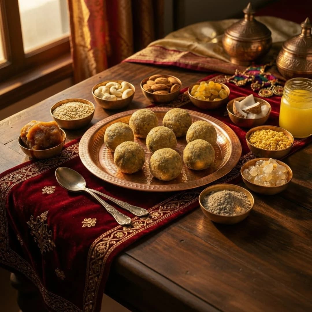 Gond Laddu ingredients laid out: gond, nuts, flour, jaggery and ghee