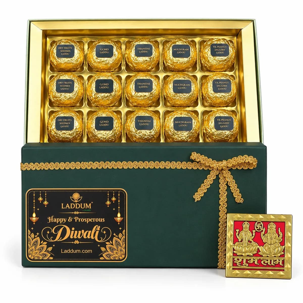 Diwali Gift Box: 15 Assorted Laddus, open, laddus in gold foil