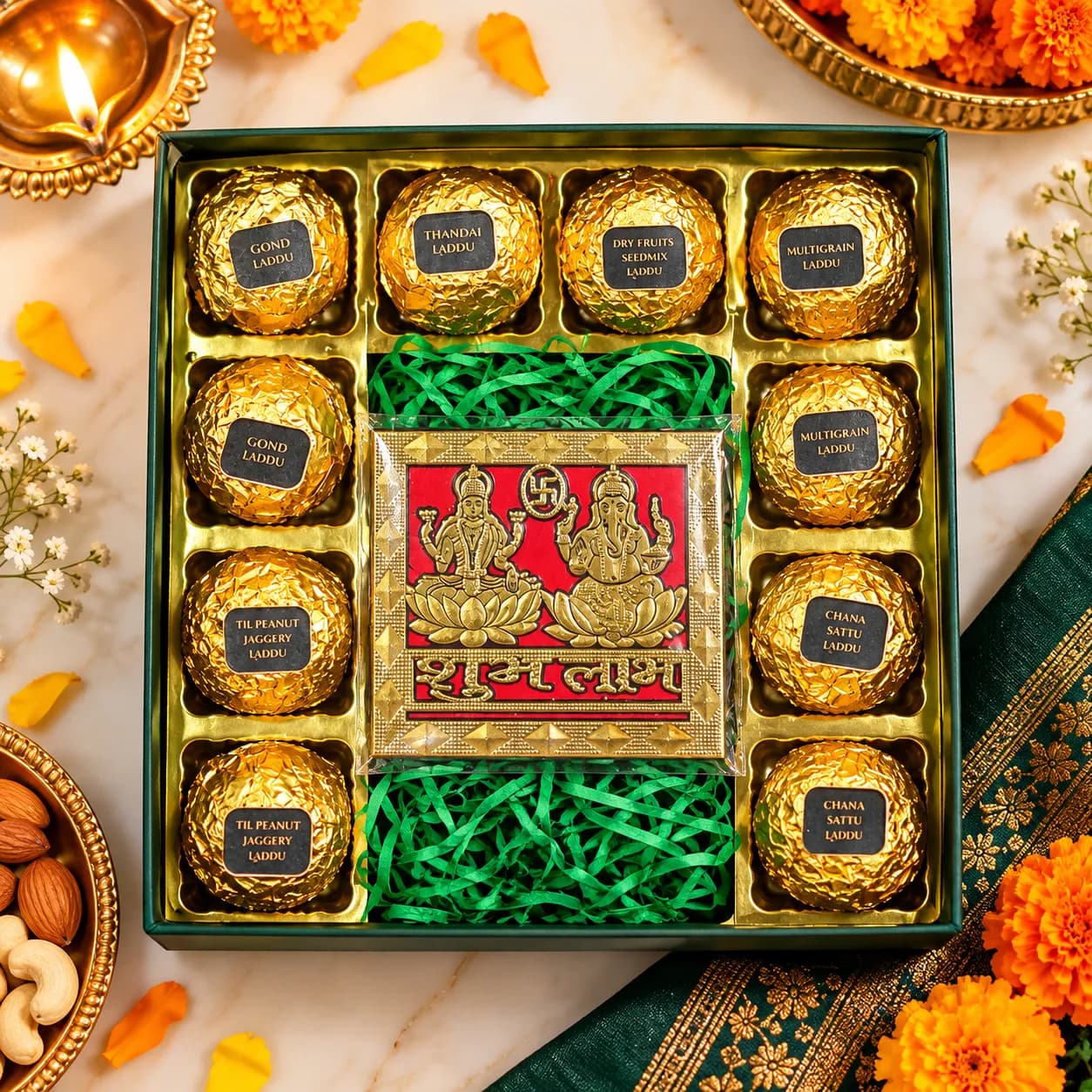 Diwali Gift Box: 10 Assorted Laddus, open, laddus in gold foil
