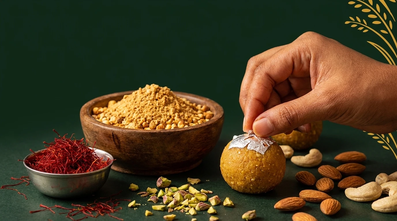 Artisanal laddu creation process with premium ingredients
